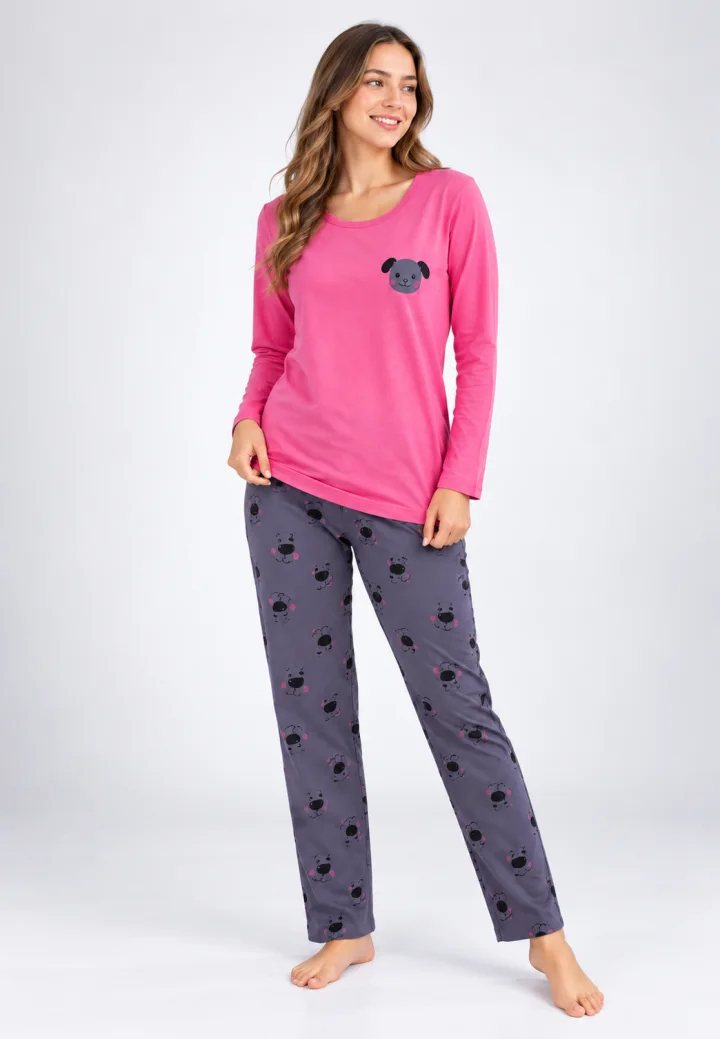 Pijama de dama roz cu maneca lunga si pantaloni lungi gri cu catelus
