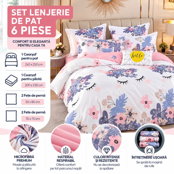 Set Lenjerie de Pat Dublu din Microfibră Premium, 6 Piese, Cearșaf 245x250 cm