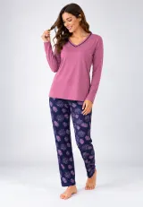 Pijama de dama mov cu maneca lunga si pantaloni lungi blumarin cu frunze