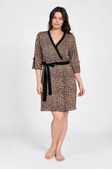 Halat damă din bumbac cu model leopard și dantelă, mânecă 3/4 și cordon în talie