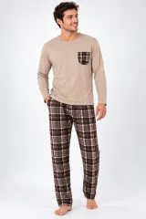Pijama barbat bej cu carouri maro