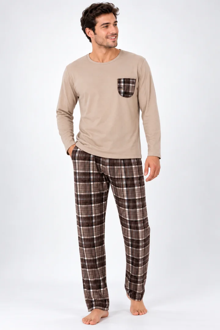 Pijama barbat bej cu carouri maro
