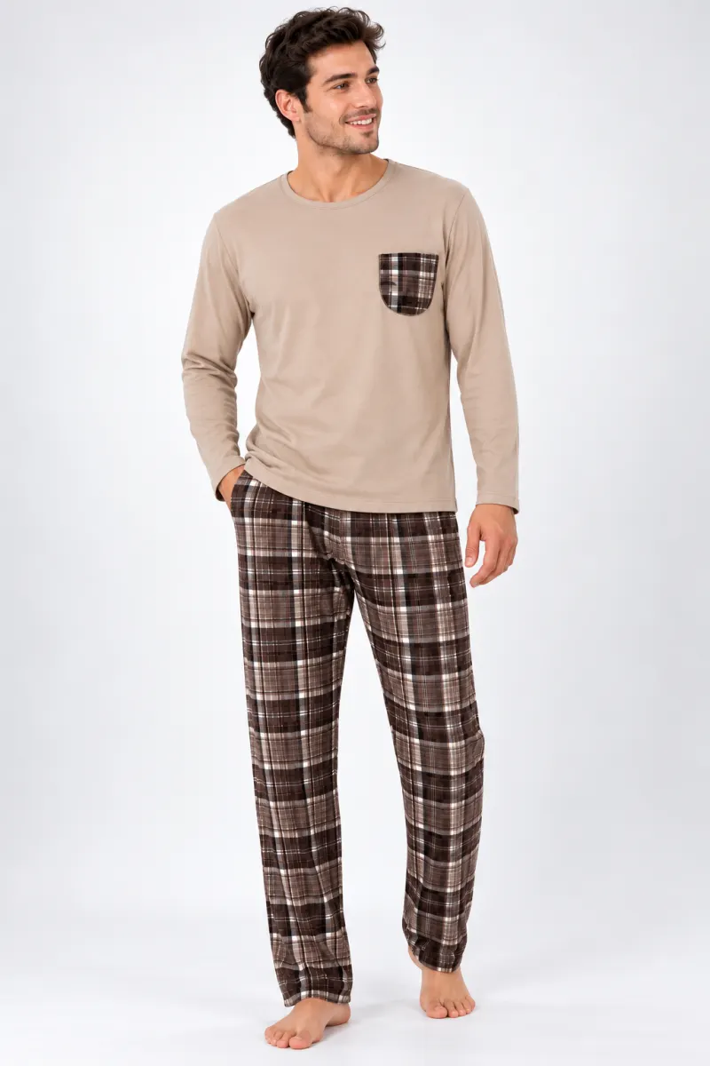 Pijama barbat bej cu carouri maro