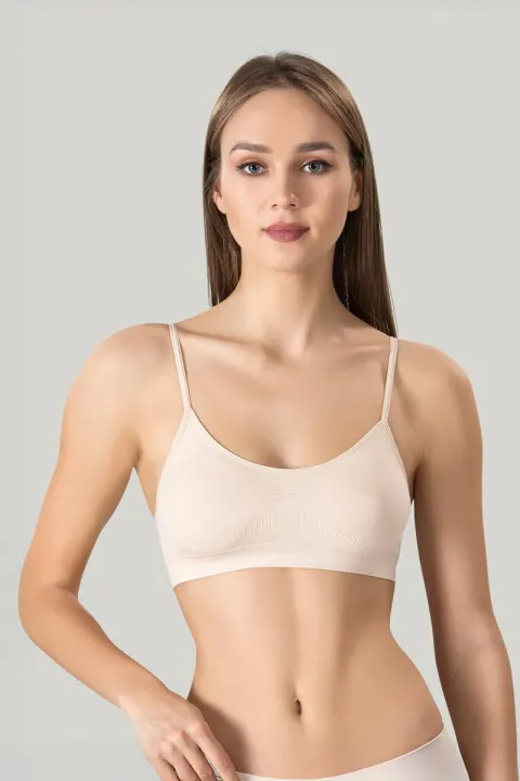 Bustieră damă Miss Fit elastică, cu bretele subțiri, bureți detașabili și design fără cusături, bej