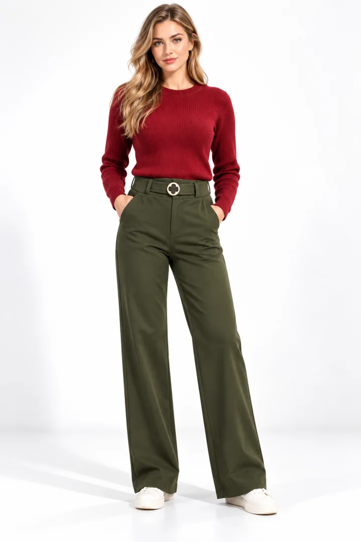 Pantaloni Damă Vătuiți cu Buzunare și Cataramă Decorativă, Verde