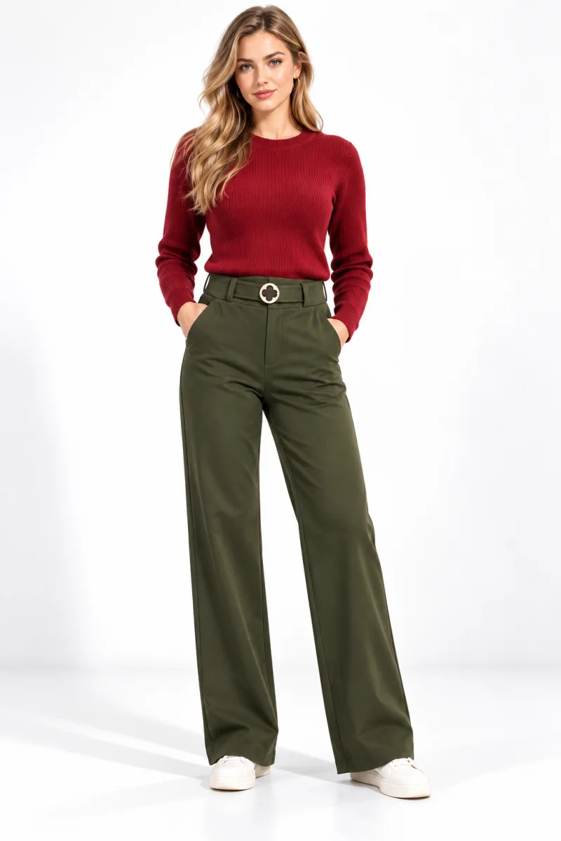 Pantaloni Damă Vătuiți cu Buzunare și Cataramă Decorativă, Verde