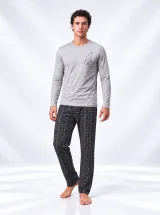 Pijama bărbați cu mânecă lungă și pantaloni lungi cu imprimeu
