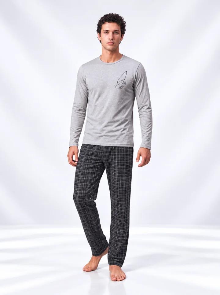 Pijama bărbați cu mânecă lungă și pantaloni lungi cu imprimeu