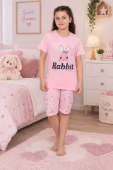 Pijama fetițe din bumbac cu tricou și pantaloni 3/4 – imprimeu Rabbit, roz deschis