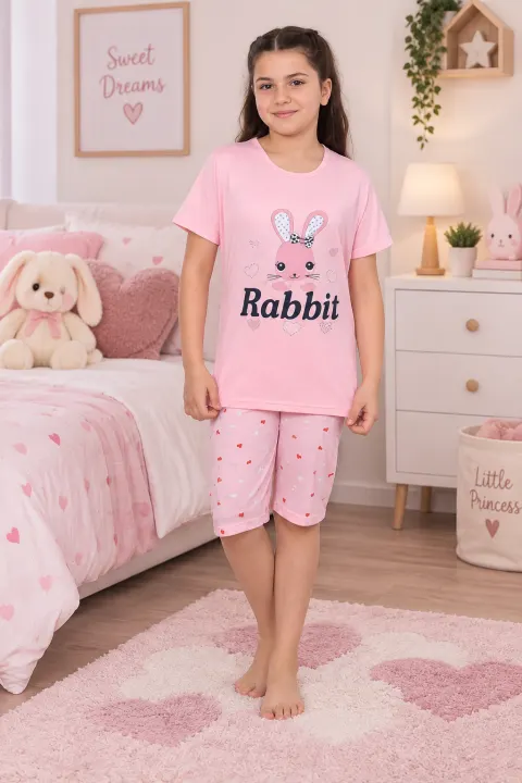 Pijama fetițe din bumbac cu tricou și pantaloni 3/4 – imprimeu Rabbit, roz deschis