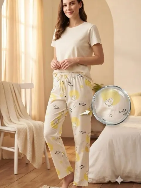 Pantaloni de pijama de dama alb cu galben