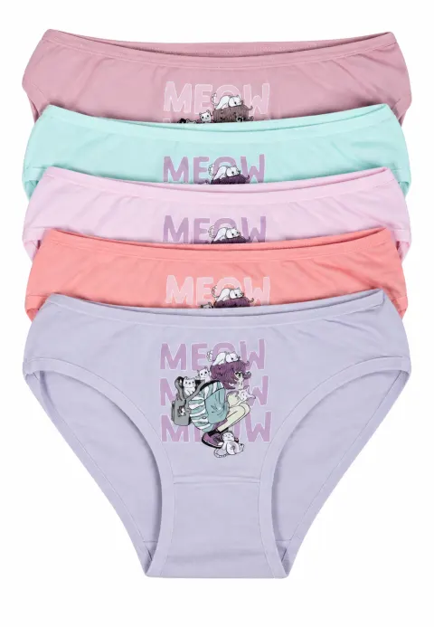 Set 5 chiloți fetițe „Meow Meow”, multicolor