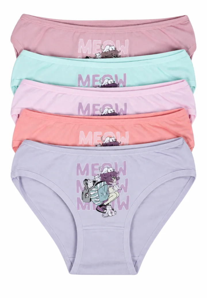 Set 5 chiloți fetițe „Meow Meow”, multicolor