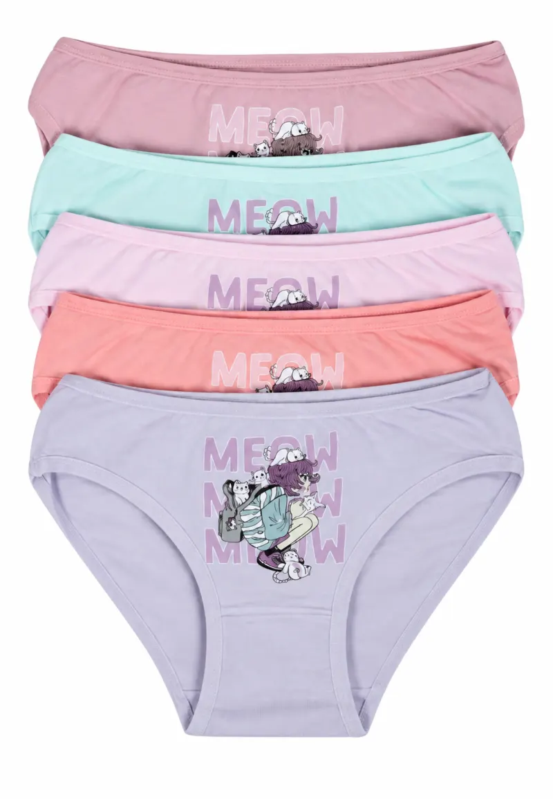 Set 5 chiloți fetițe „Meow Meow”, multicolor
