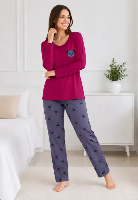 Pijama de dama fucsia cu maneca lunga si pantaloni lungi gri cu catelus