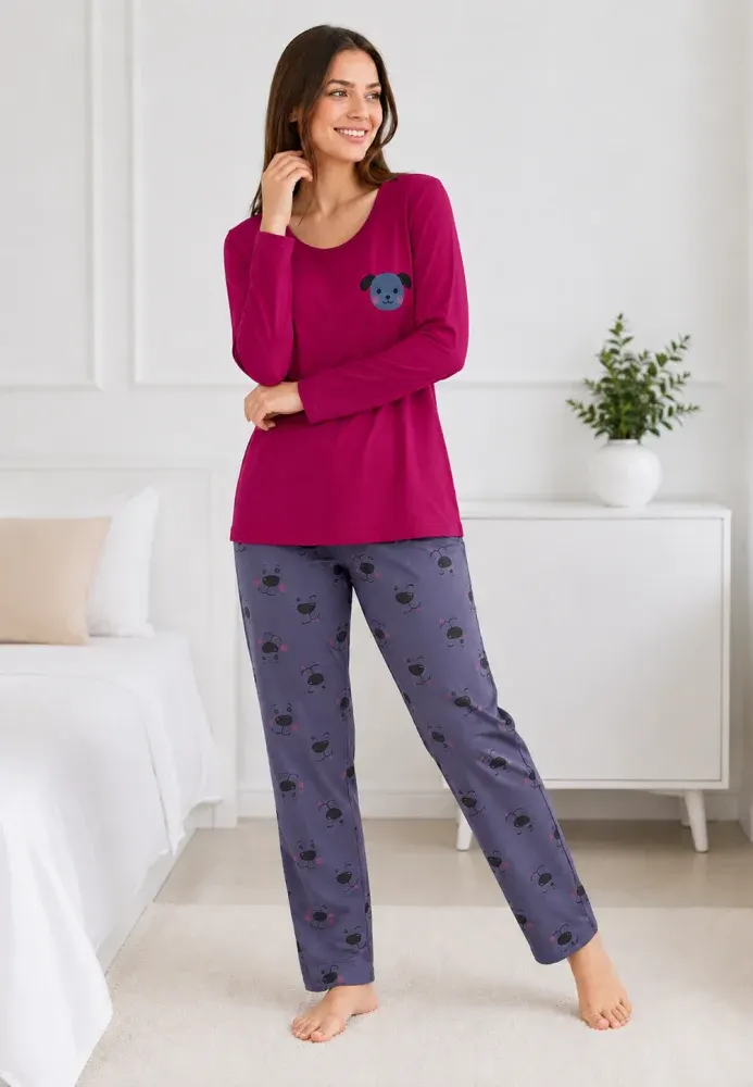 Pijama de dama fucsia cu maneca lunga si pantaloni lungi gri cu catelus