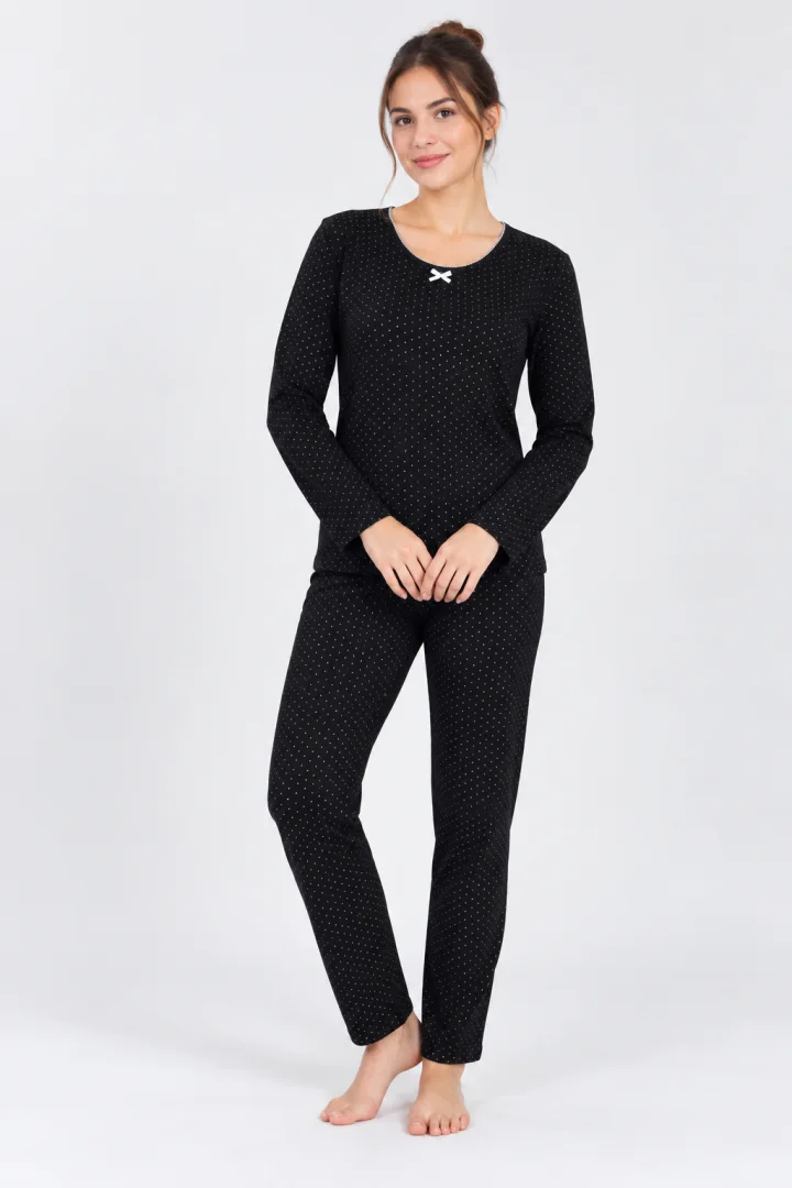 Pijama Damă de Iarnă – Negru cu Picățele Albe