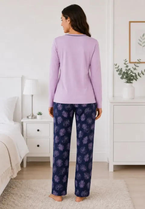 Pijama de dama lila cu maneca lunga si pantaloni lungi blumarin cu frunze