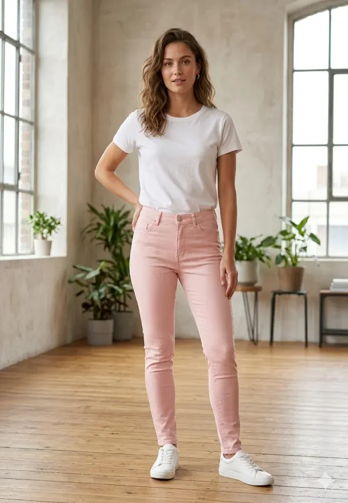 Blugi damă skinny talie înaltă – roz deschis