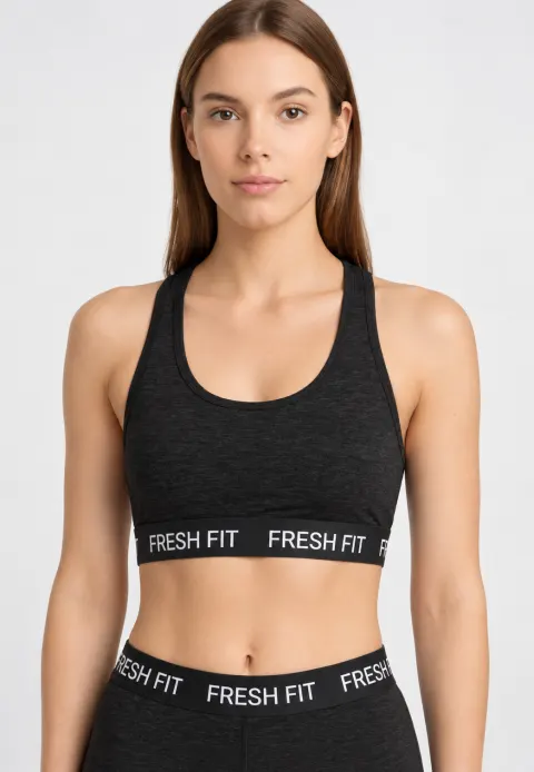 Bustieră sport damă Fresh Fit din bumbac, fără burete și fără balene, cu spate racerback, negru