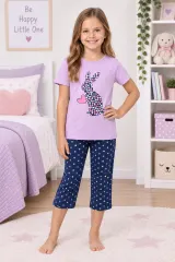 Pijama fetițe de Paște – tricou mov și pantaloni 3/4 cu imprimeu