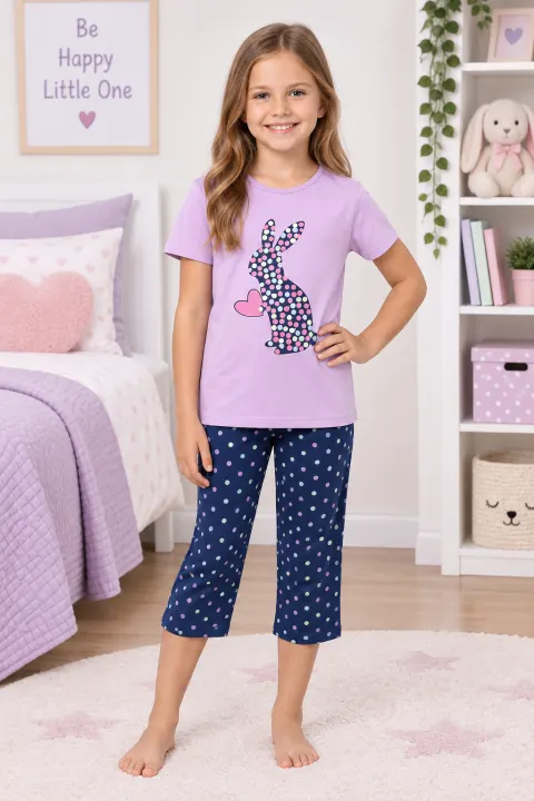 Pijama fetițe de Paște – tricou mov și pantaloni 3/4 cu imprimeu