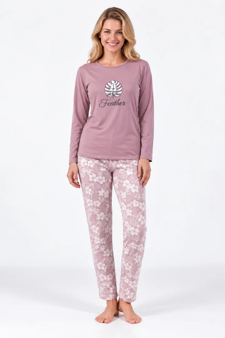 Pijama damă cu mânecă lungă și pantaloni lungi cu imprimeu