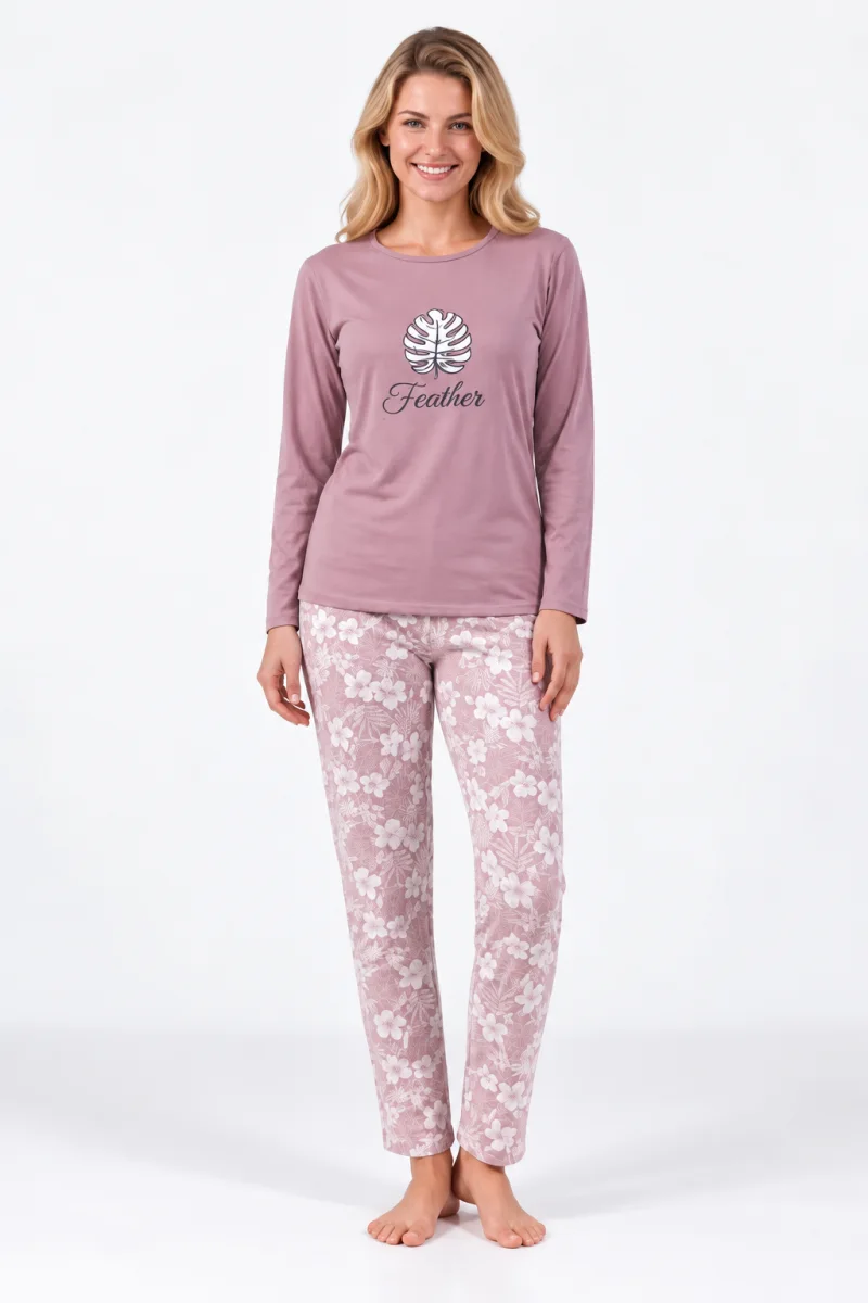Pijama damă cu mânecă lungă și pantaloni lungi cu imprimeu