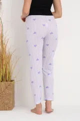 Pantaloni de pijama damă mov cu dungi și inimioare, croială lejeră
