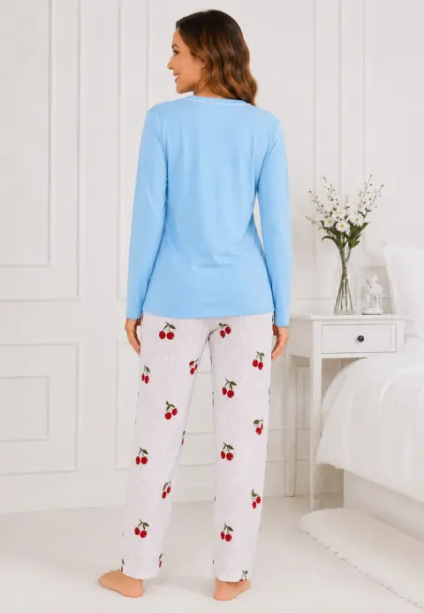 Pijama de dama blue cu maneca lunga si pantaloni lungi