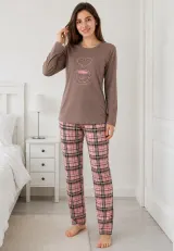 Pijama damă maro cu pantaloni roz în carouri