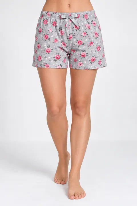 Short damă pijama, gri, imprimeu trandafiri