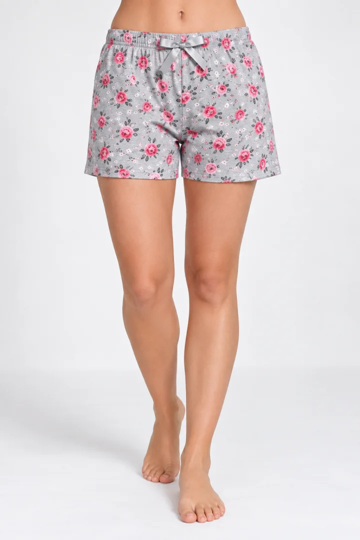 Short damă pijama, gri, imprimeu trandafiri