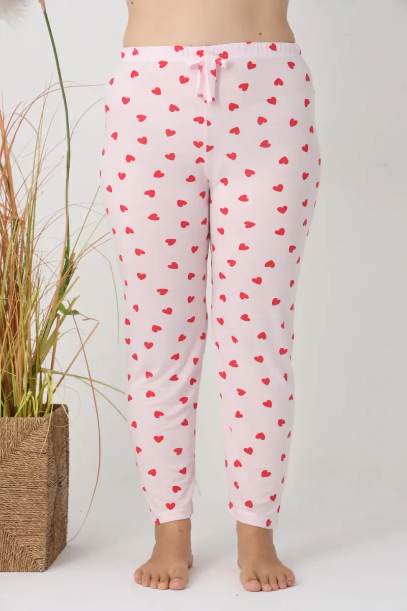 Pantaloni de pijama damă Big Size, roz cu inimioare roșii