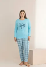 Pijama damă Big Size turcoaz cu fundiță și text „Happy Place”