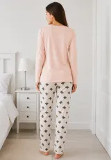 Pijama de dama roz pal cu maneca lunga si pantaloni lungi albi cu ursi