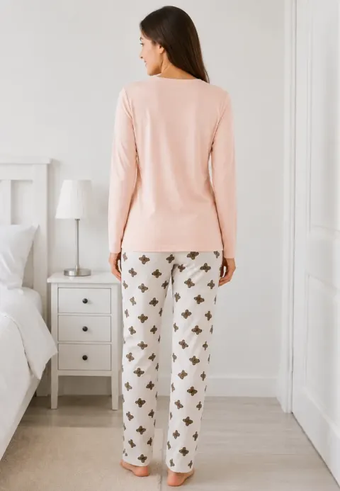 Pijama de dama roz pal cu maneca lunga si pantaloni lungi albi cu ursi