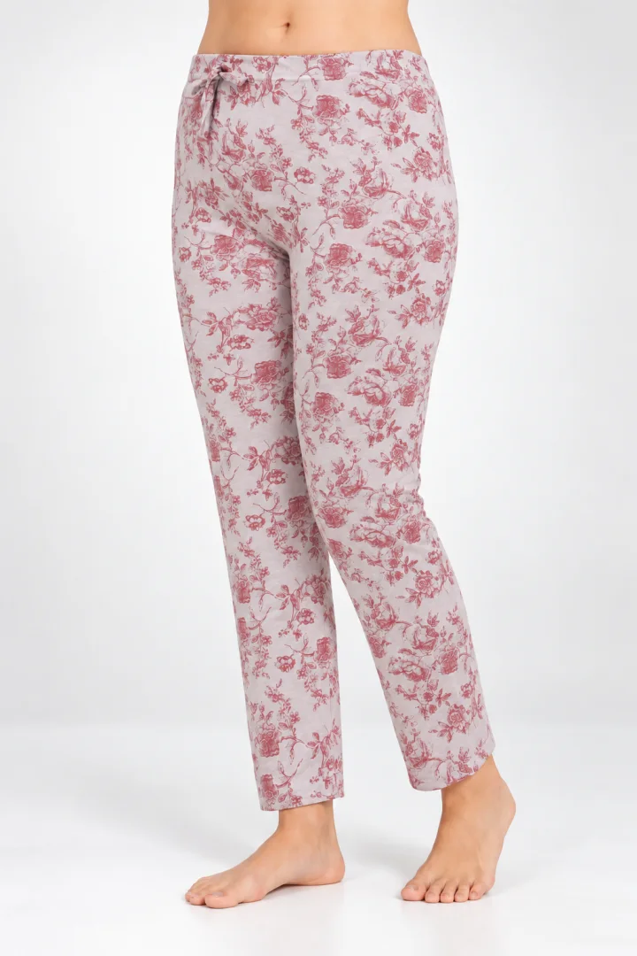 Pantaloni de pijama damă Big Size, gri cu flori vișinii