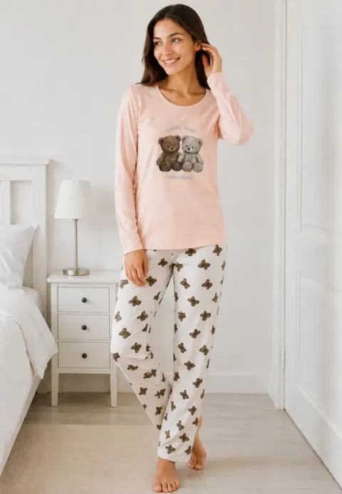 Pijama de dama roz pal cu maneca lunga si pantaloni lungi albi cu ursi