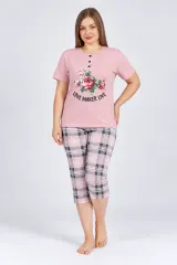 Pijama damă cu flori, tricou cu nasturi și pantaloni 3/4