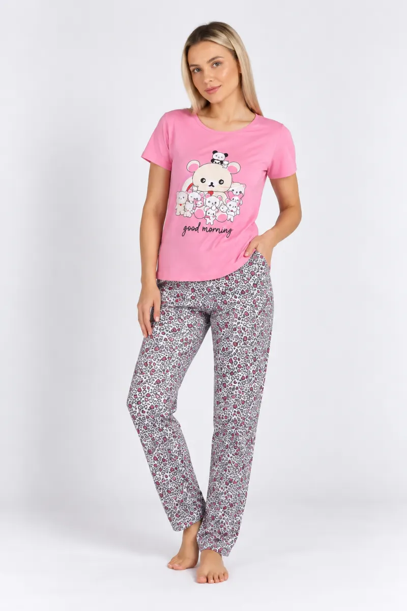 Pijama dama tricou roz inchis  și pantaloni 3/4 asortați