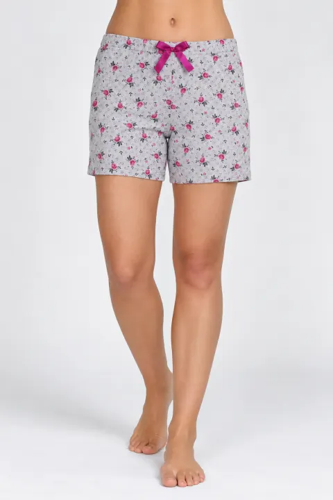 Short damă pijama, gri, imprimeu flori mov