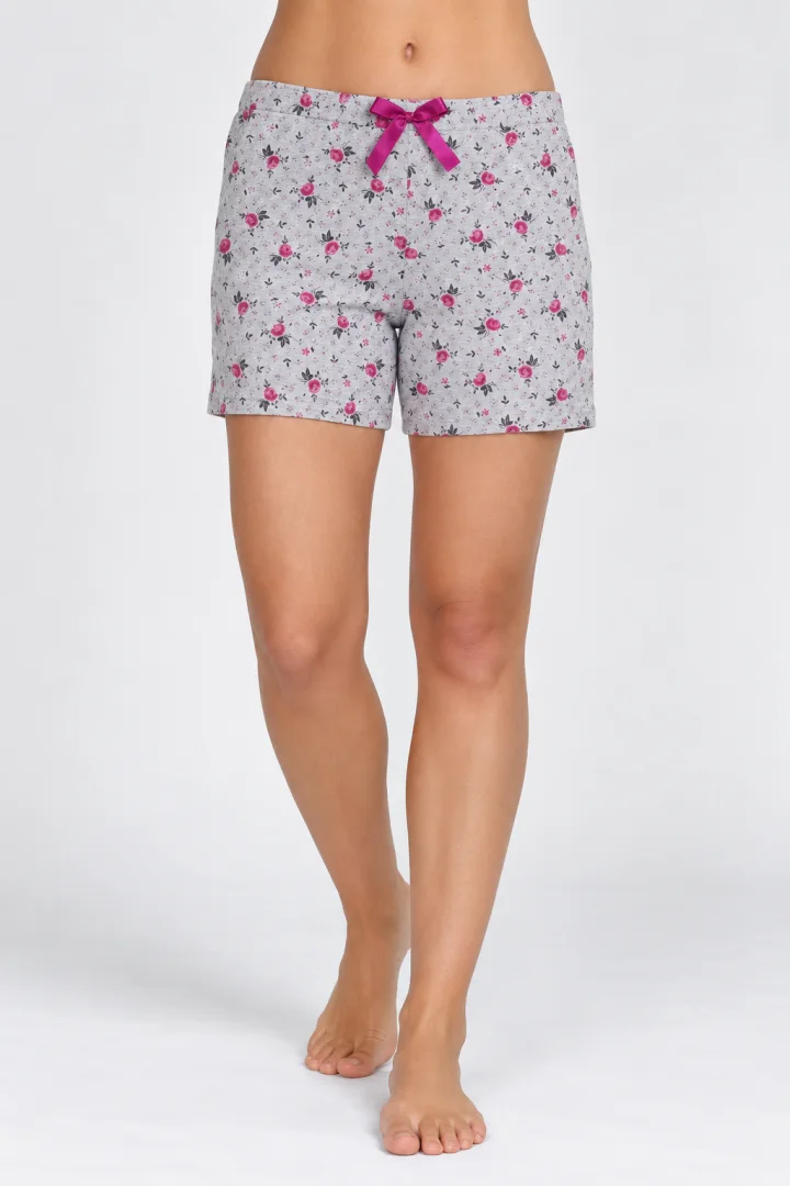 Short damă pijama, gri, imprimeu flori mov