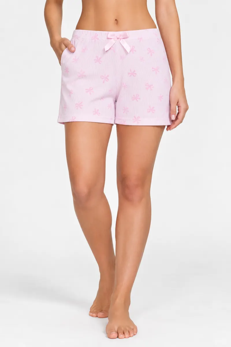 Short damă pijama, roz, imprimeu fundițe