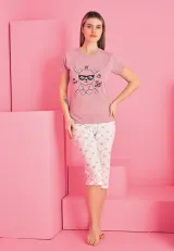 Pijama damă bumbac – tricou și pantaloni 3/4, imprimeu