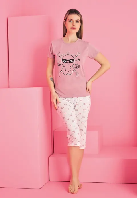 Pijama damă bumbac – tricou și pantaloni 3/4, imprimeu