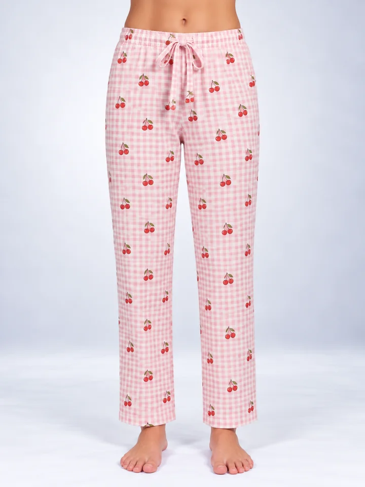 Pantaloni de pijama de dama alb roz cu cirese