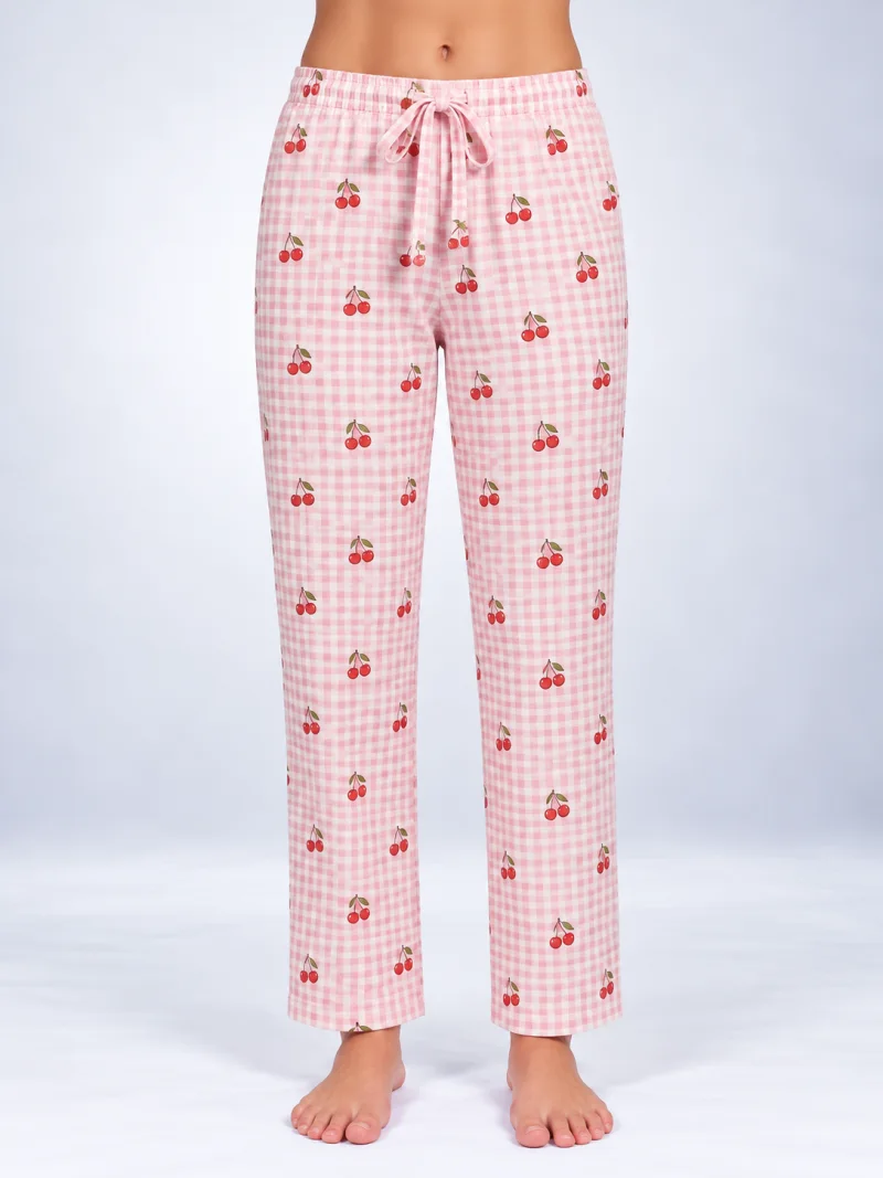 Pantaloni de pijama de dama alb roz cu cirese