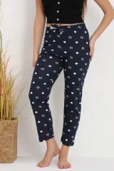Pantaloni de pijama damă bleumarin cu inimioare albe