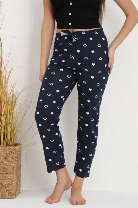 Pantaloni de pijama damă bleumarin cu inimioare albe